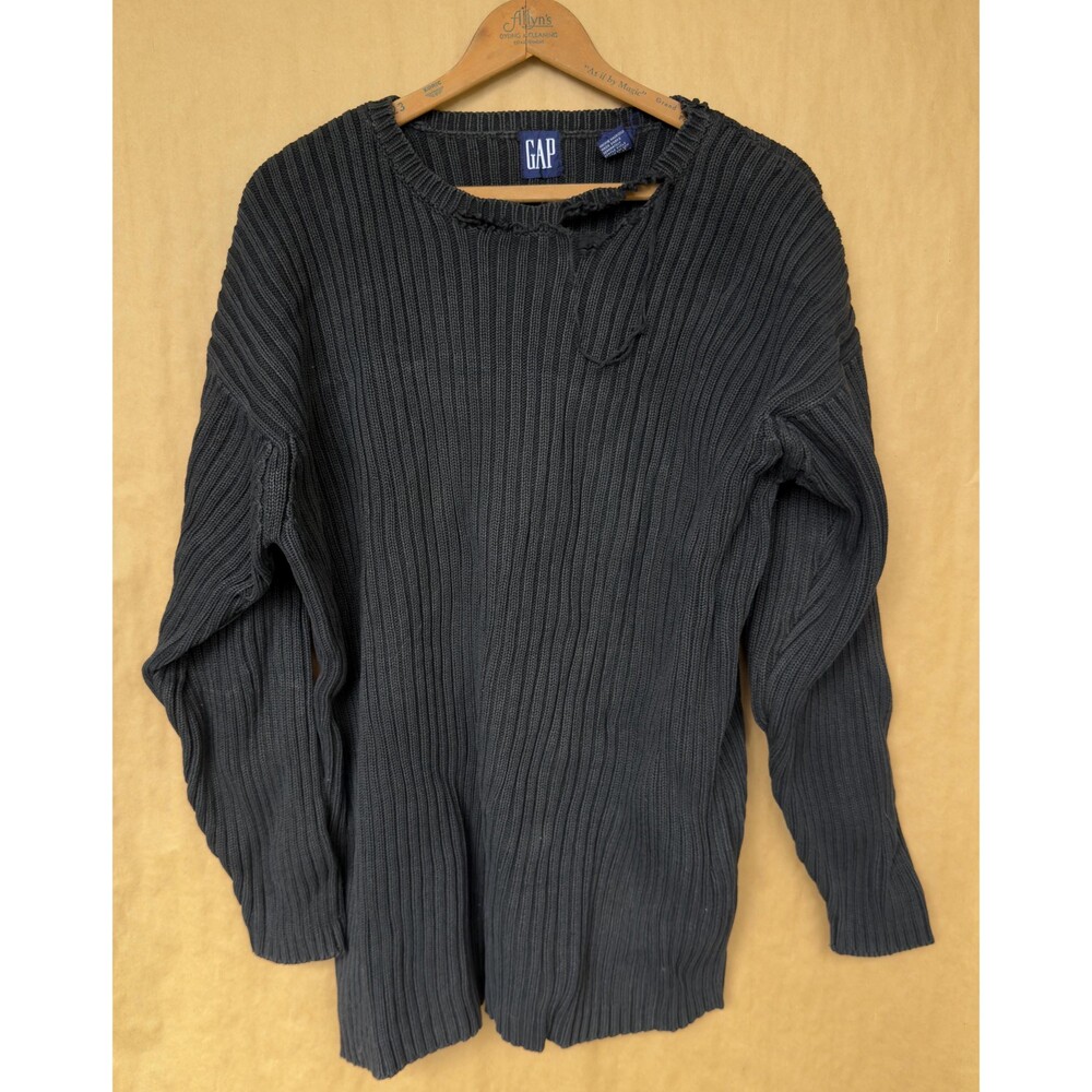 Vintage 90s GAP Ribbed Knit Sweater | Black Oversized | Distressed Crewneck |